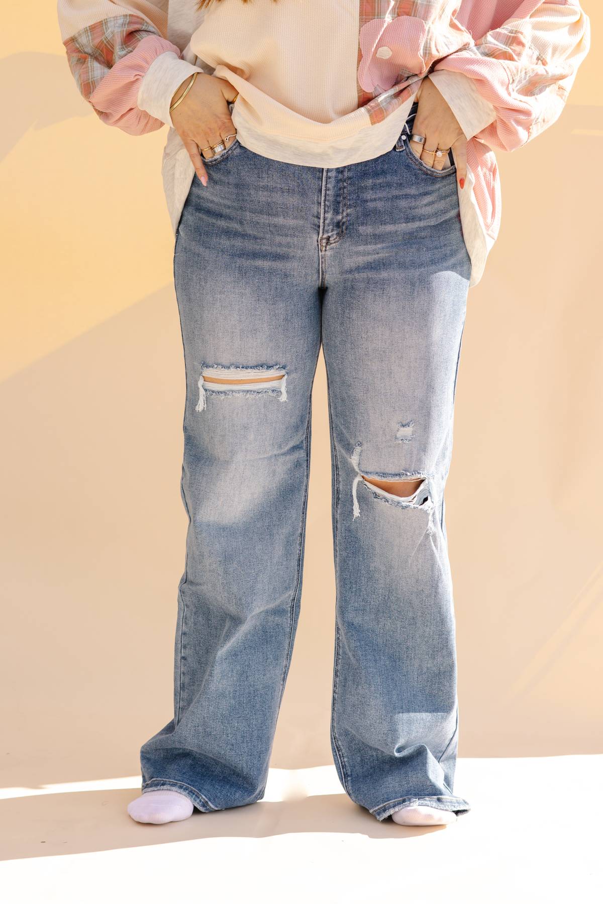 Medium Wash High Risen Wide Ripped Risen Jeans