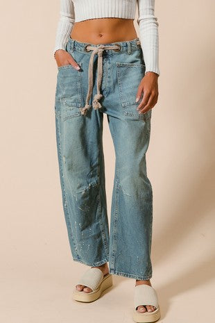 Braided Waist Belt Paint Drip Barrel Jeans