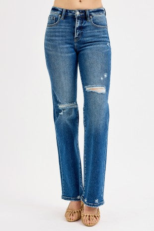 Dark High Rise Straight Leg Risen Jeans With Tummy Control