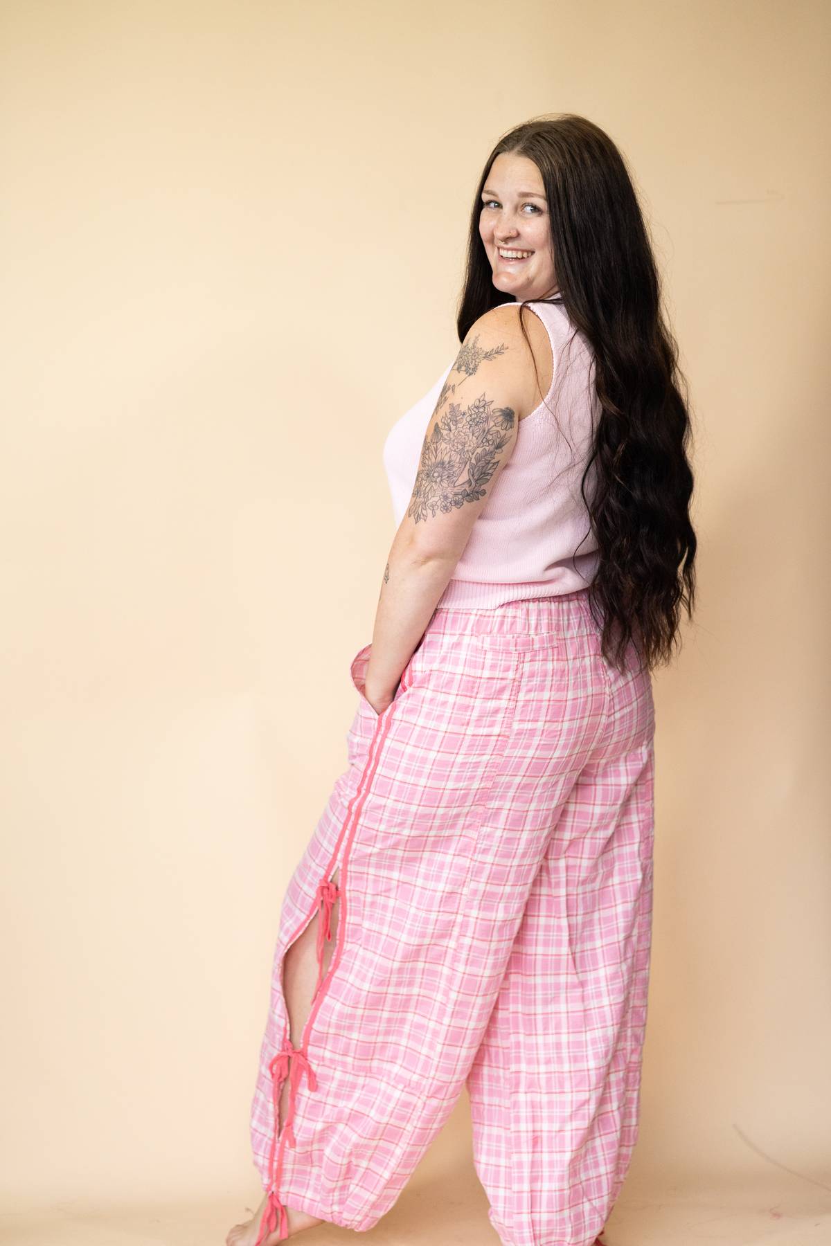Pink Plaid Jogger Track Pants