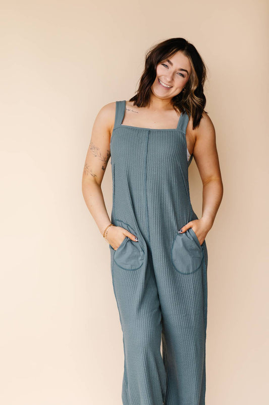 Jade Waffle Knitted Overalls