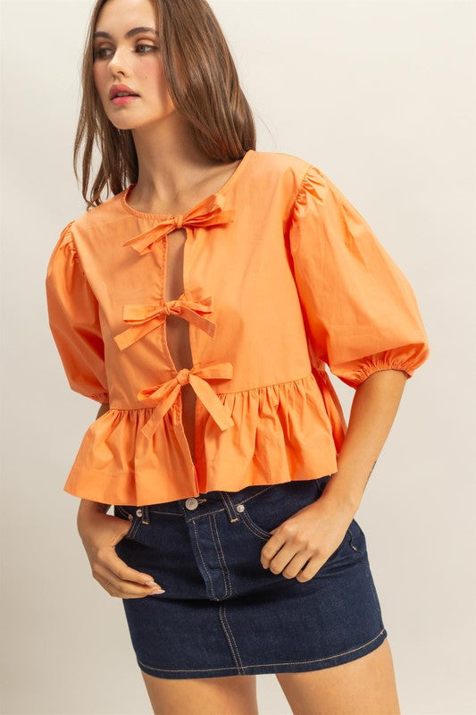 Orange Tie Puff Sleeve