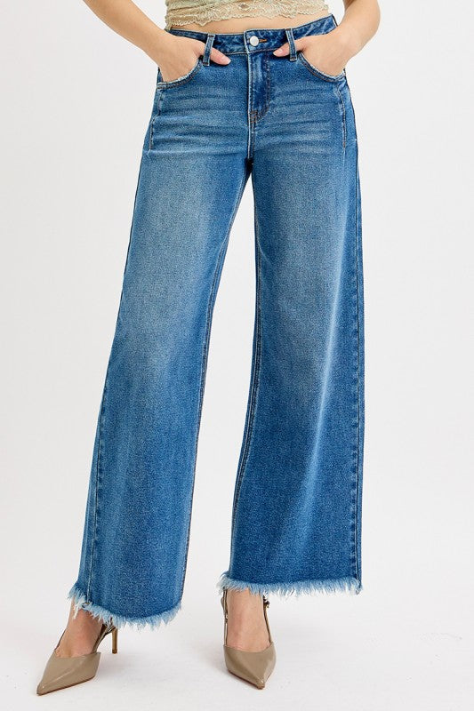 Mid Rise Wide Leg Frayed Hem Risen Jeans