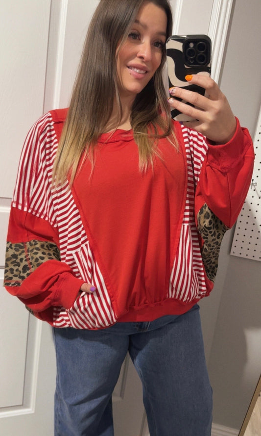 Red & Leopard Striped Top