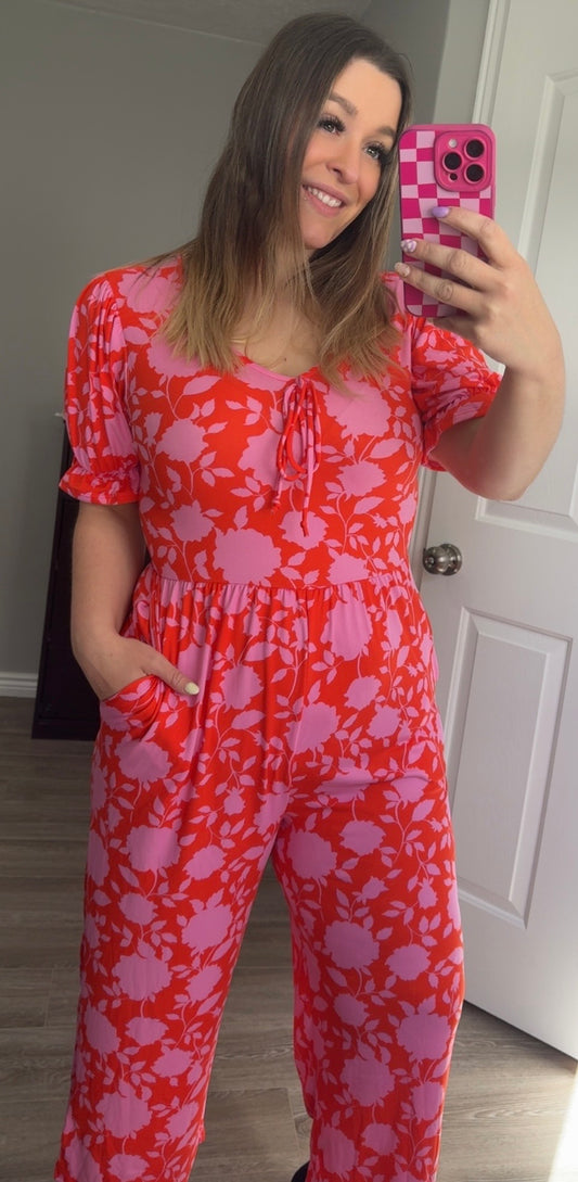 Red And Pink Floral Jumpsuit