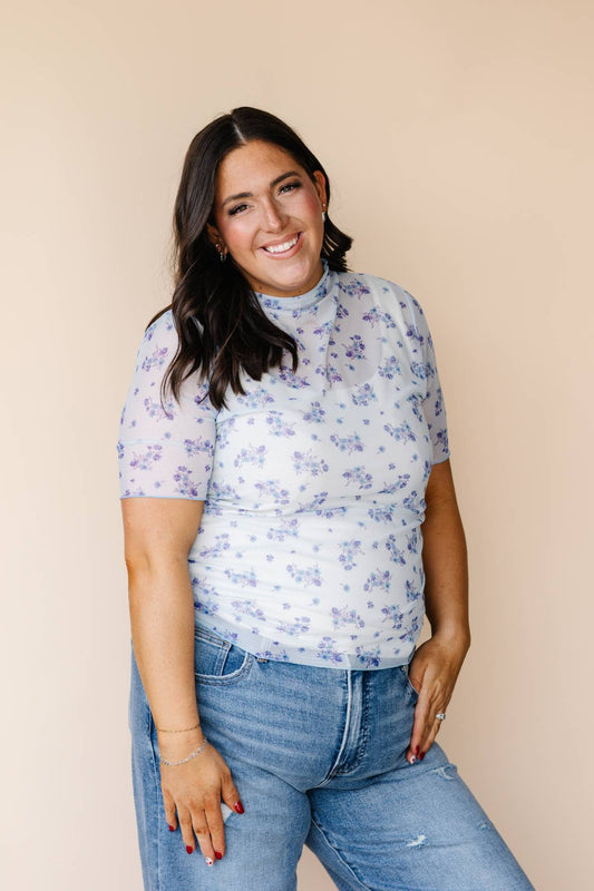 Blue Floral Mesh Top