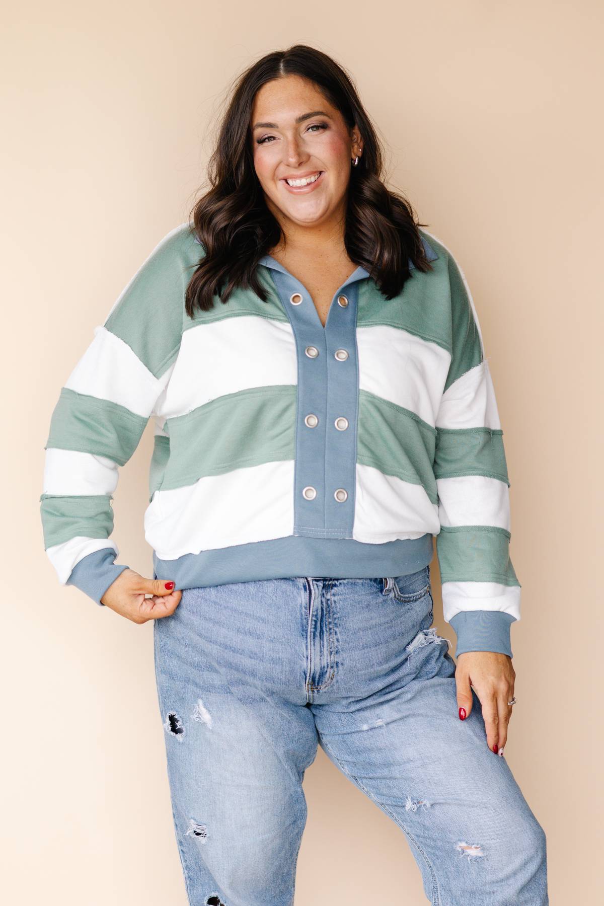 Eyelet Buckle Collared Stripe Top