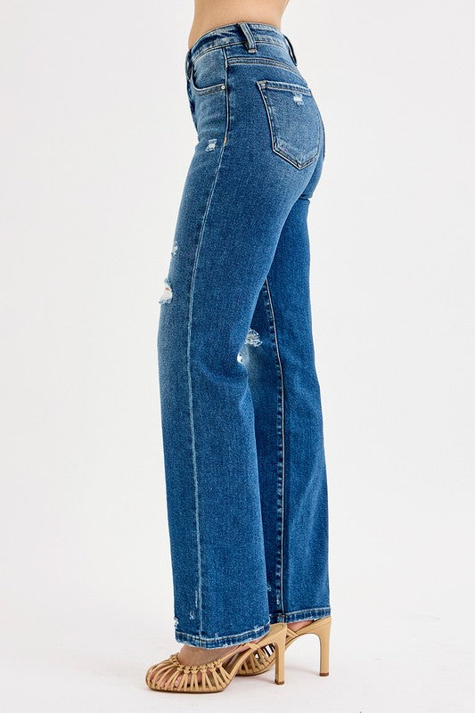 Dark High Rise Straight Leg Risen Jeans With Tummy Control