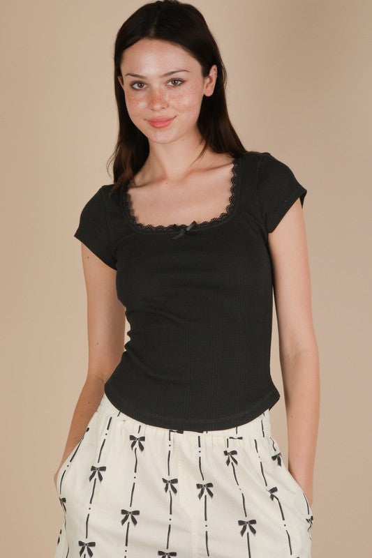 Lace & Bow Trim Ribbed Top