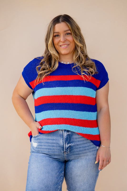 Red & Blue Short Sleeve Knit Top