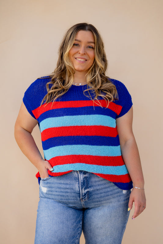 Red & Blue Short Sleeve Knit Top