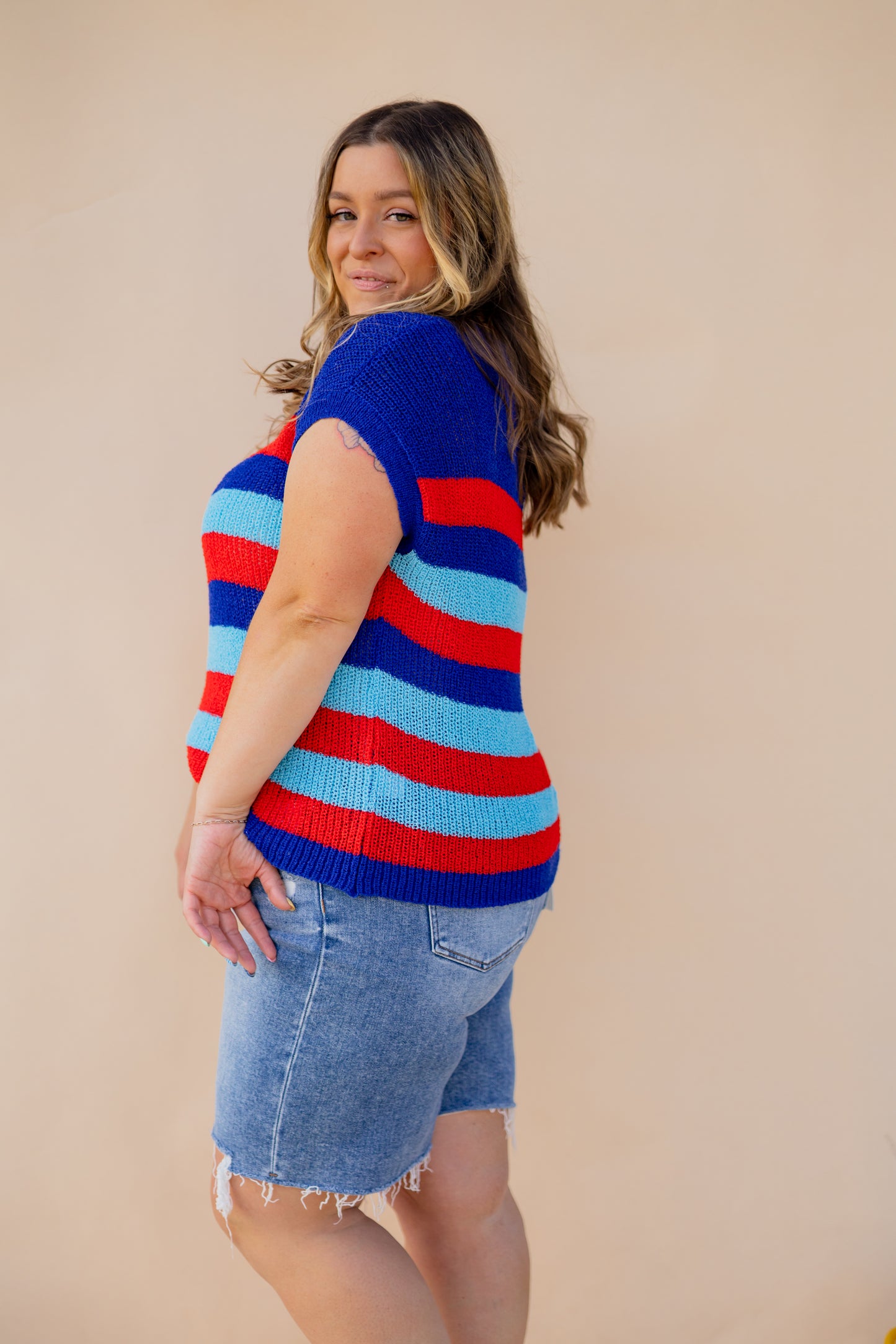 Red & Blue Short Sleeve Knit Top