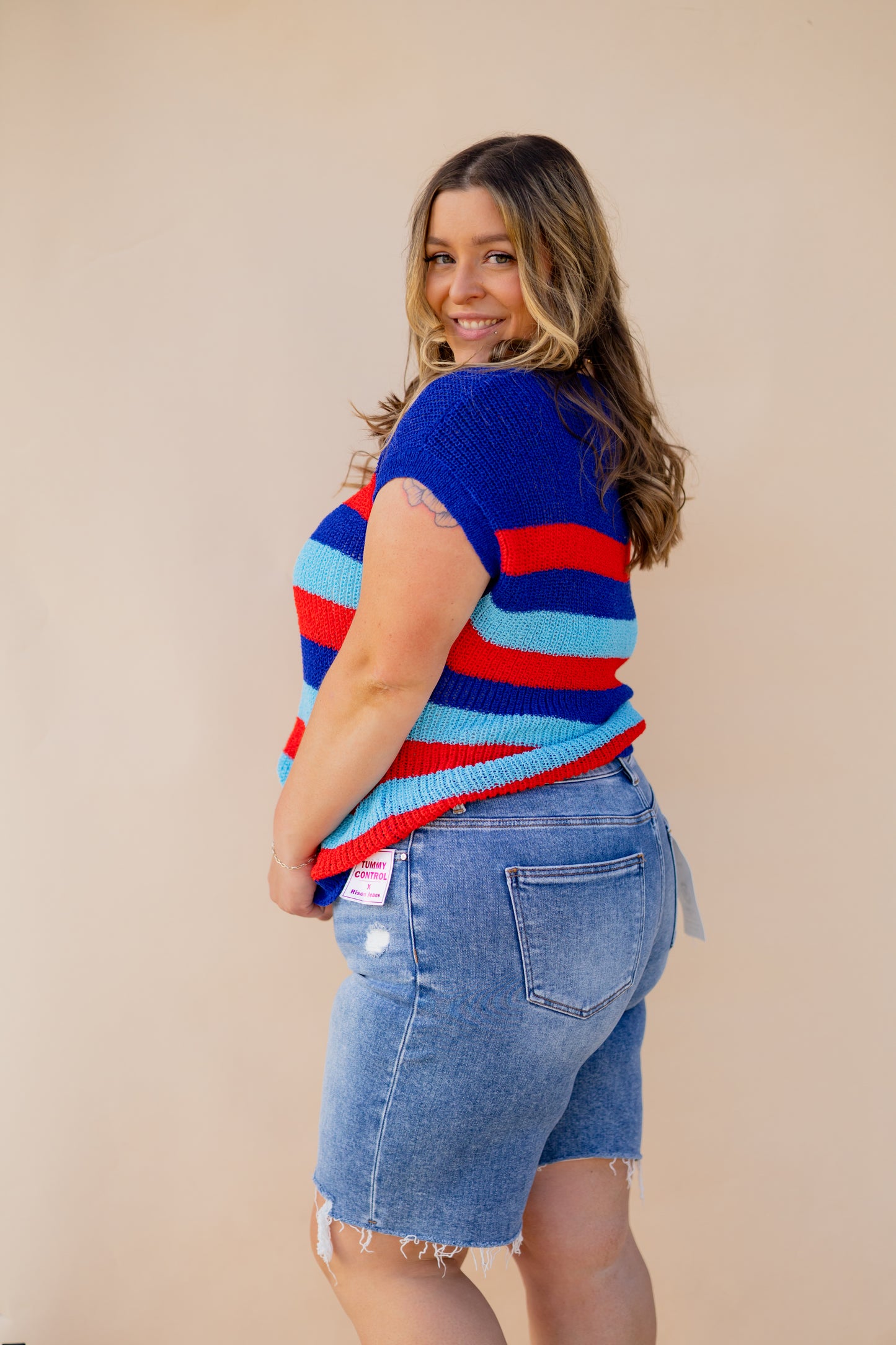 Red & Blue Short Sleeve Knit Top