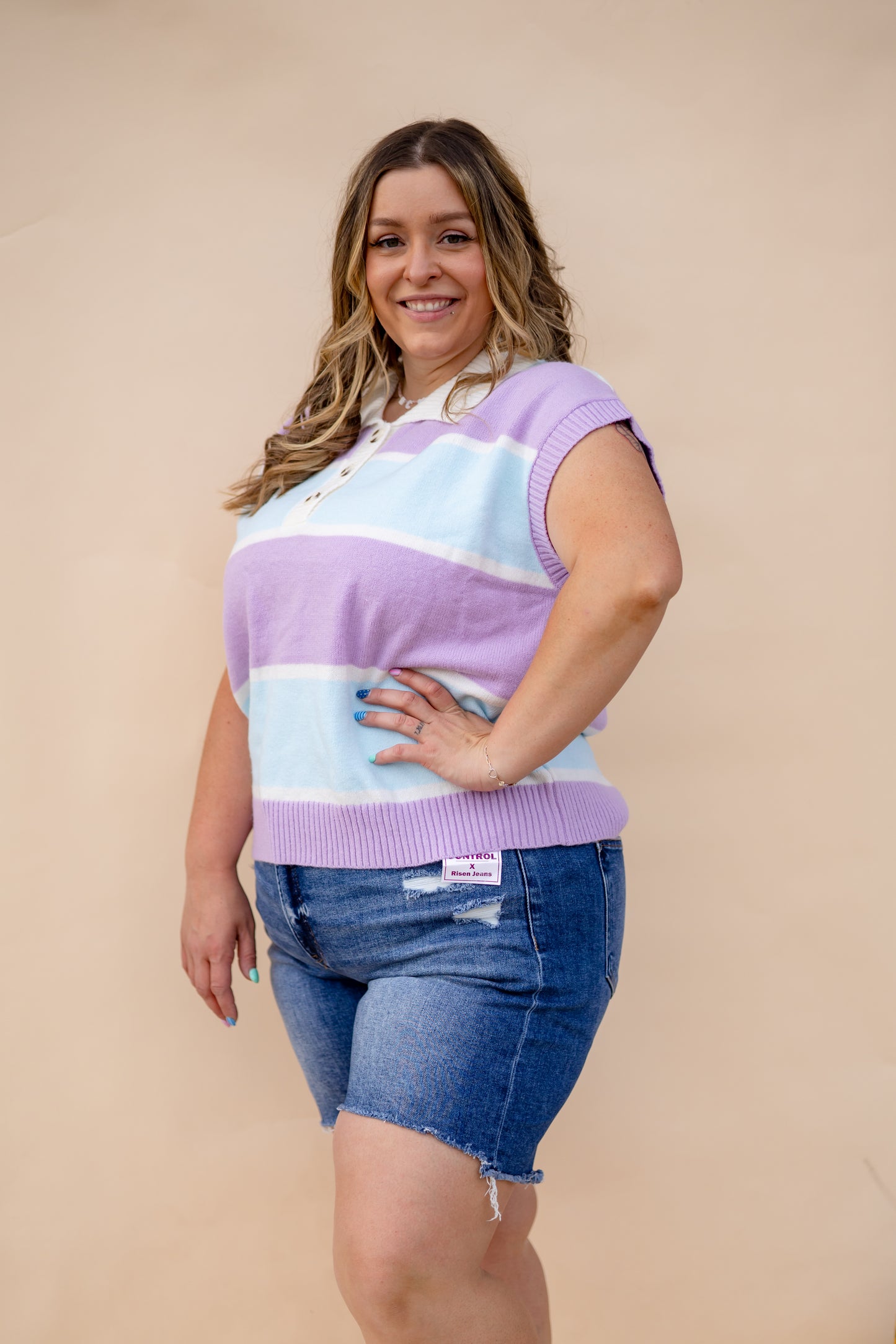 Colorful Striped Short Sleeve Collared Top
