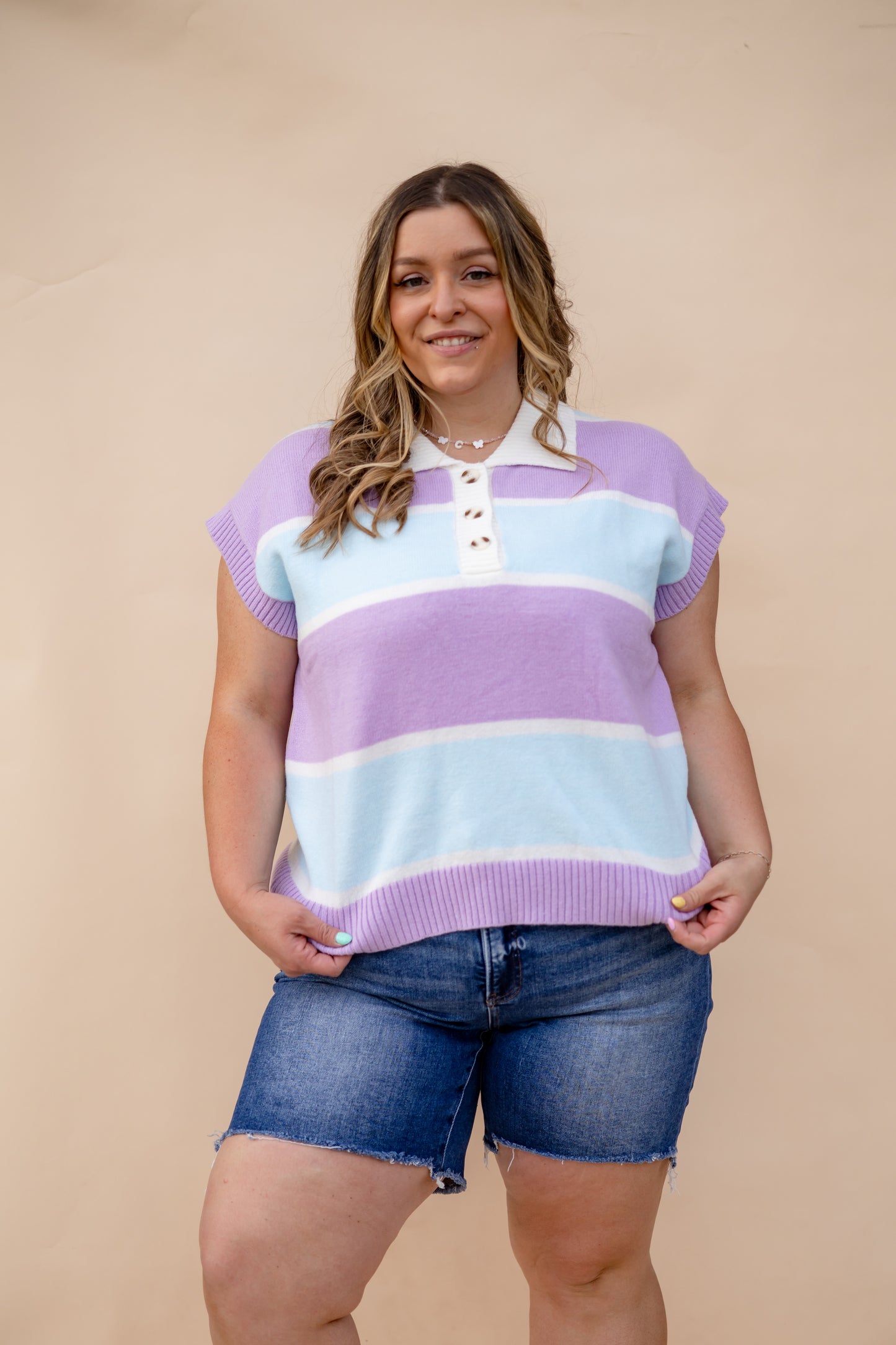 Colorful Striped Short Sleeve Collared Top