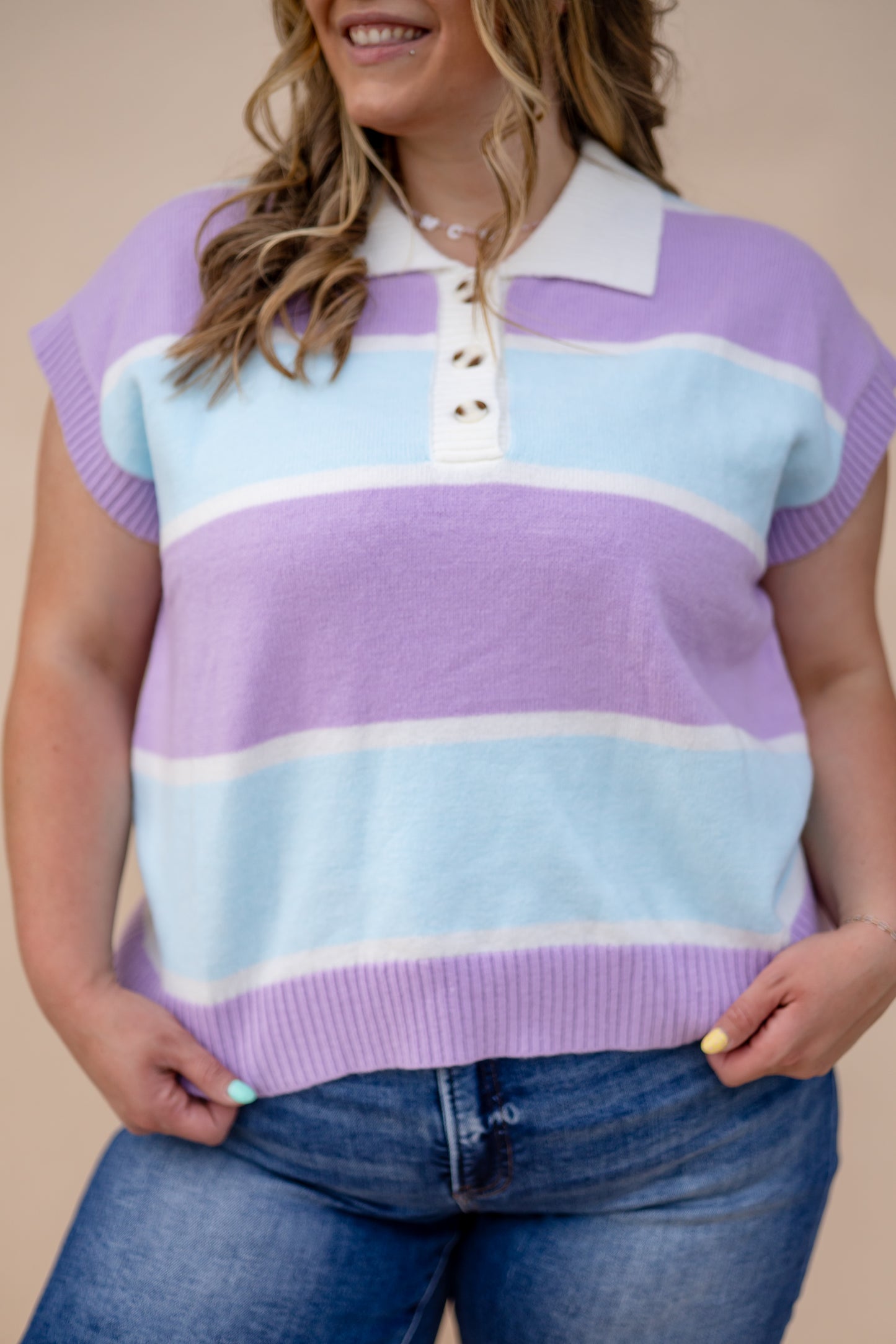 Colorful Striped Short Sleeve Collared Top