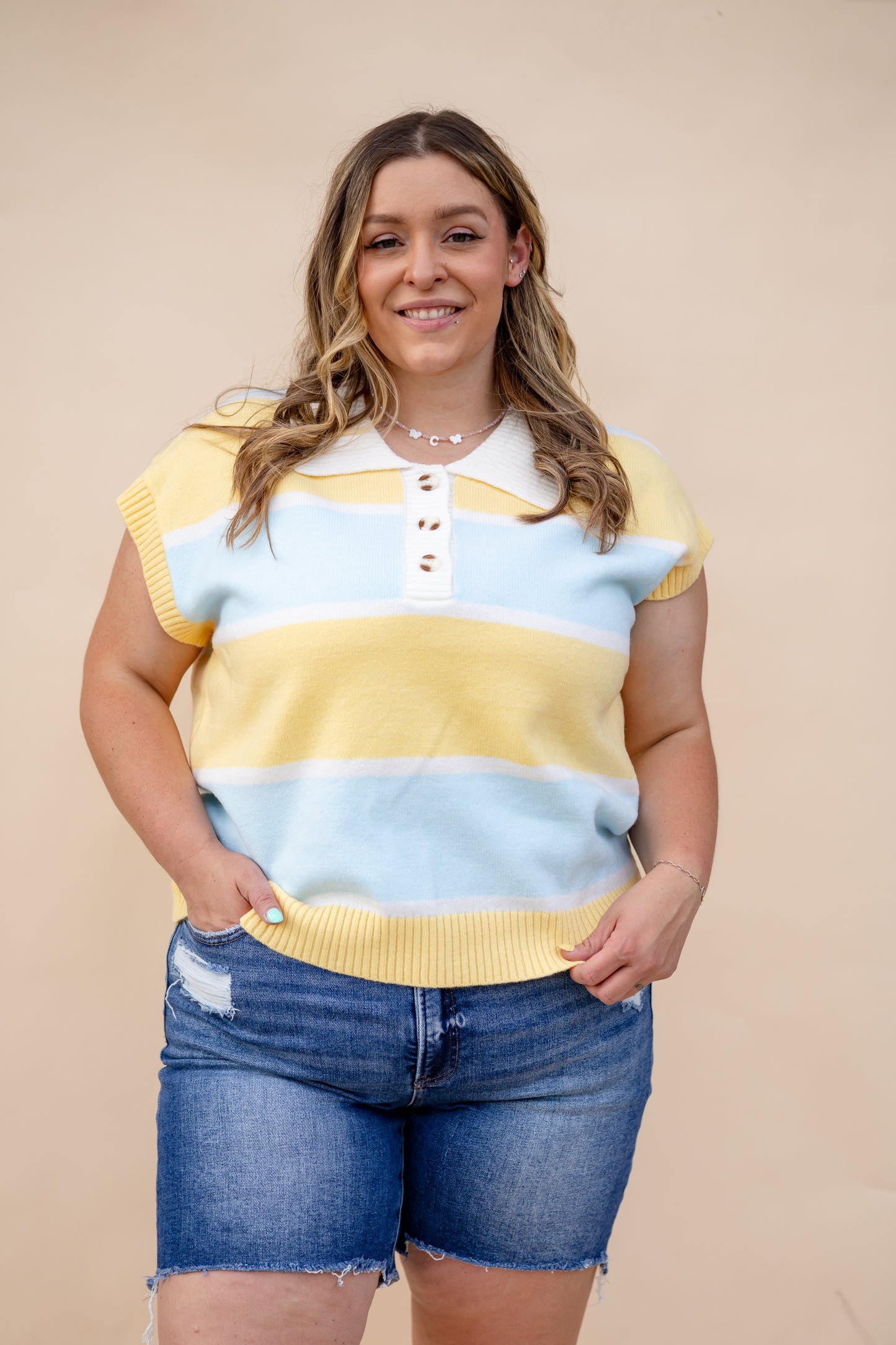 Colorful Striped Short Sleeve Collared Top