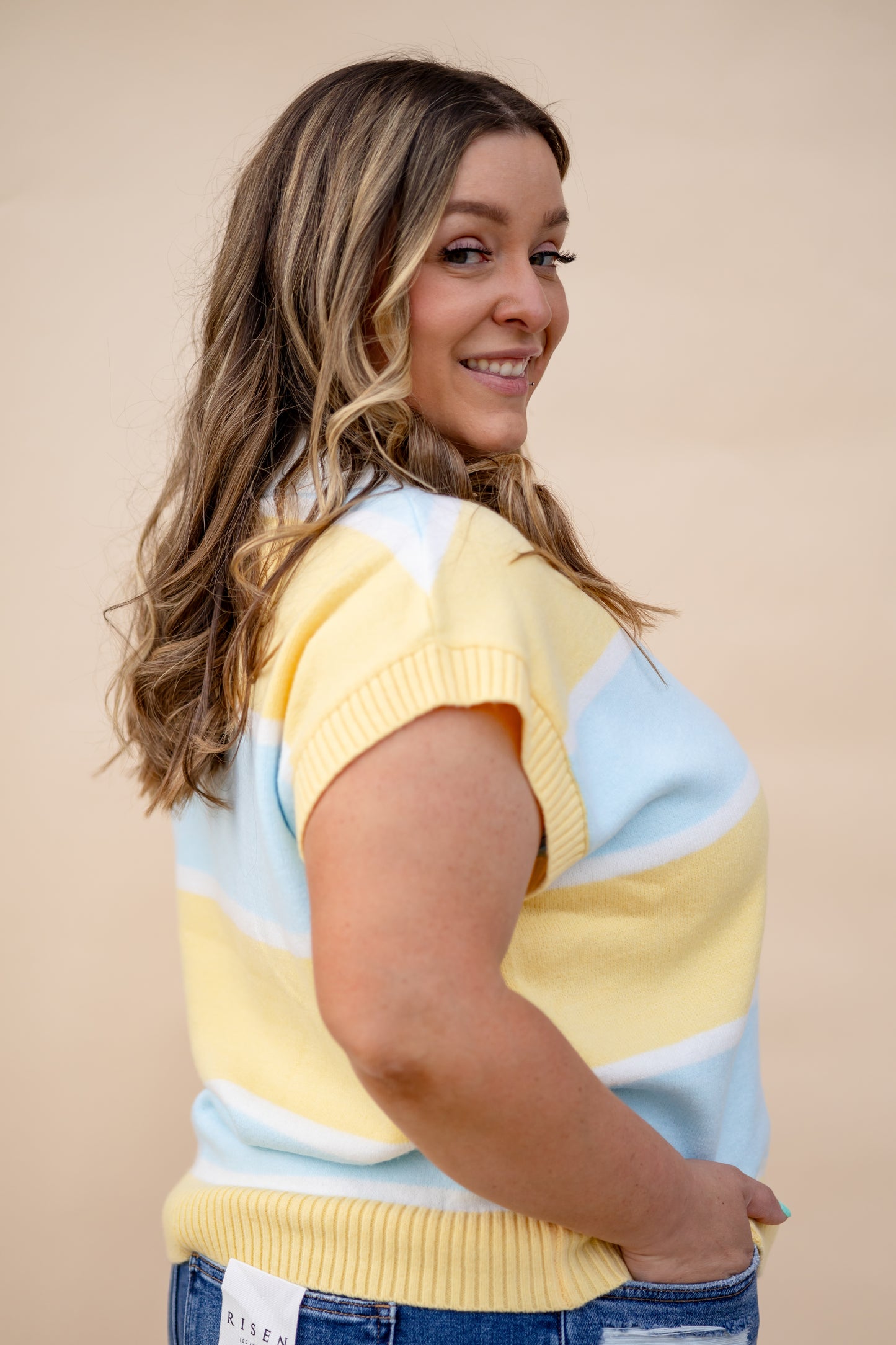Colorful Striped Short Sleeve Collared Top