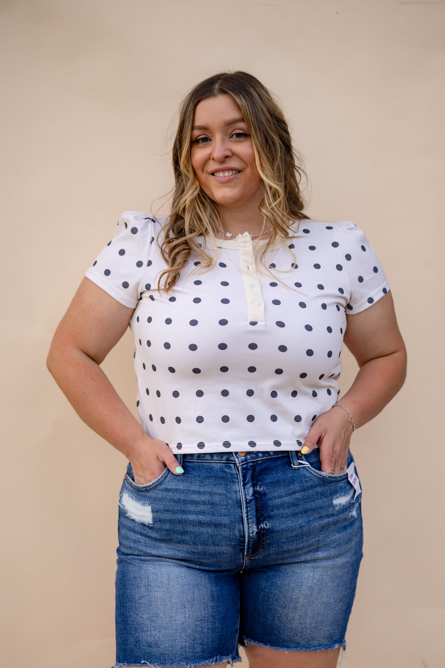 Ruffle Trim Black And White Polka Dot Top