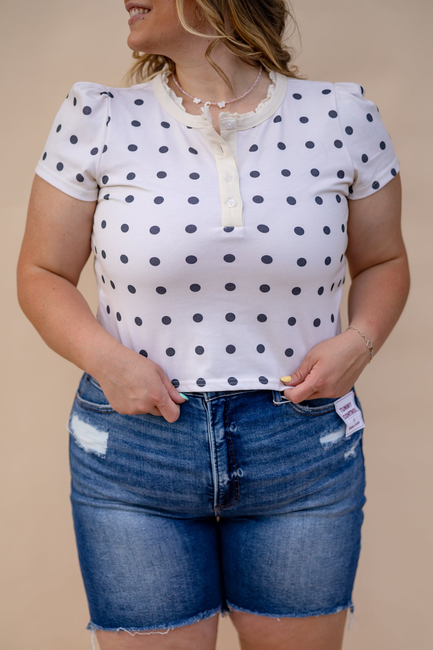 Ruffle Trim Black And White Polka Dot Top