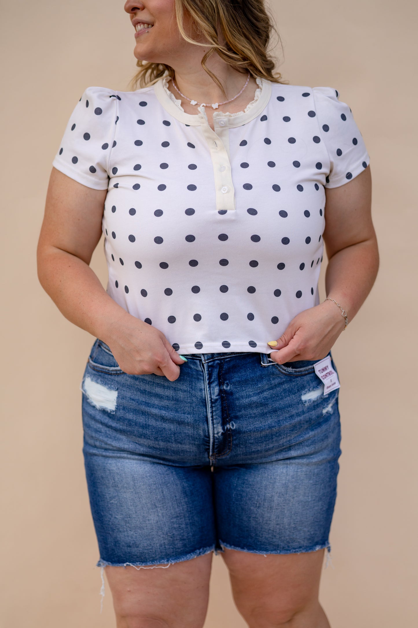 Ruffle Trim Black And White Polka Dot Top