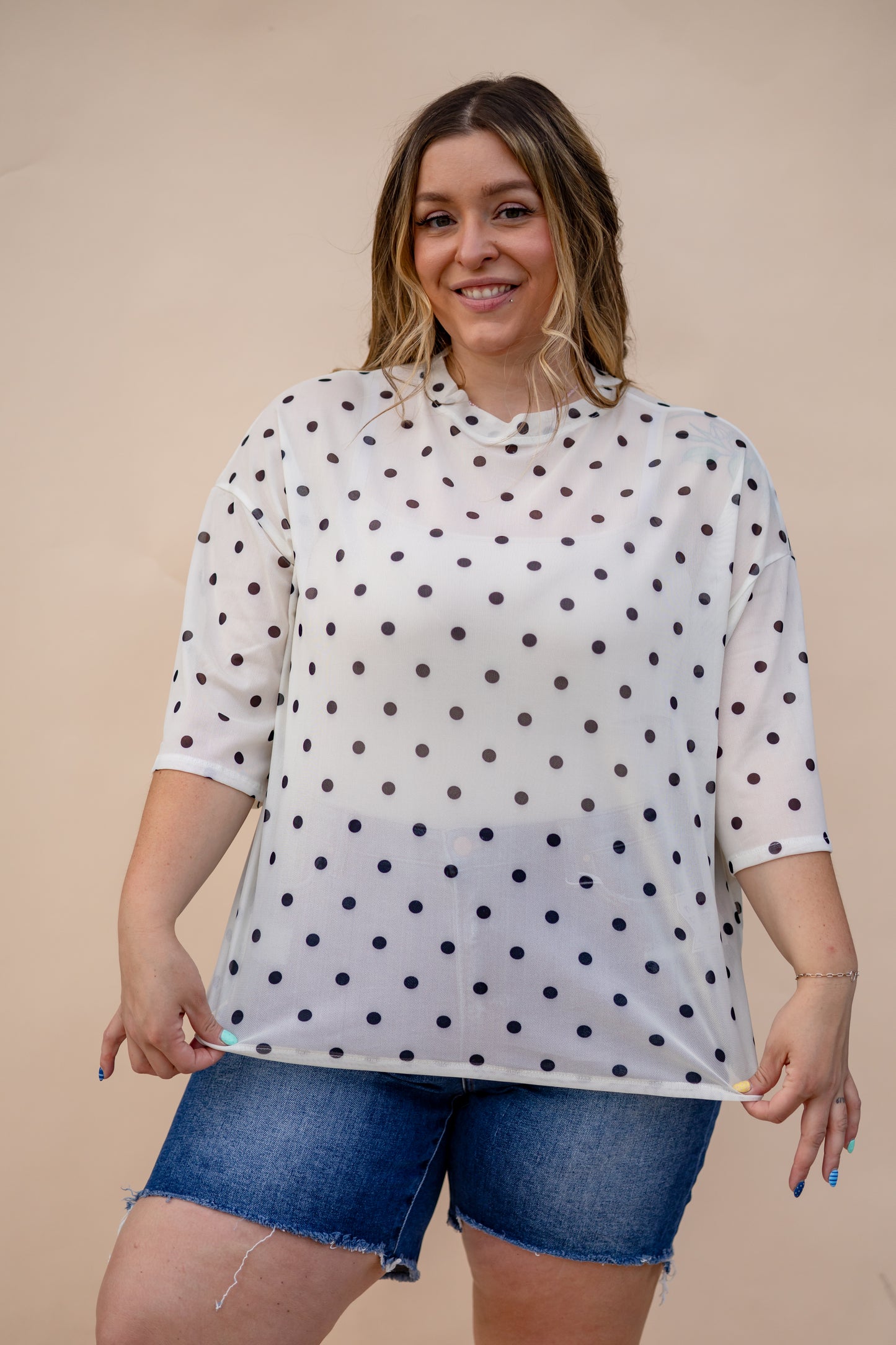 Short Sleeve Mesh Polka Dot Top