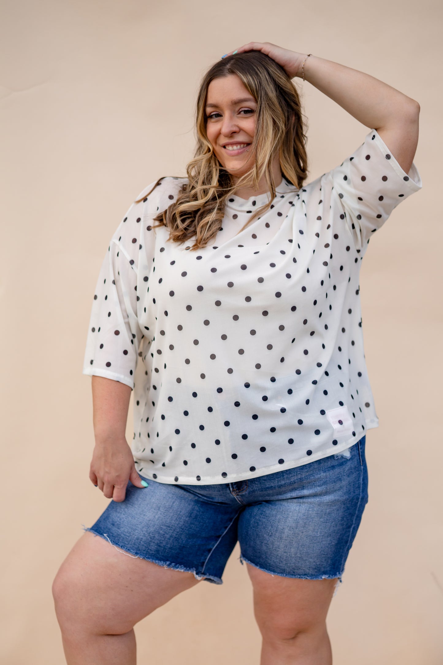 Short Sleeve Mesh Polka Dot Top