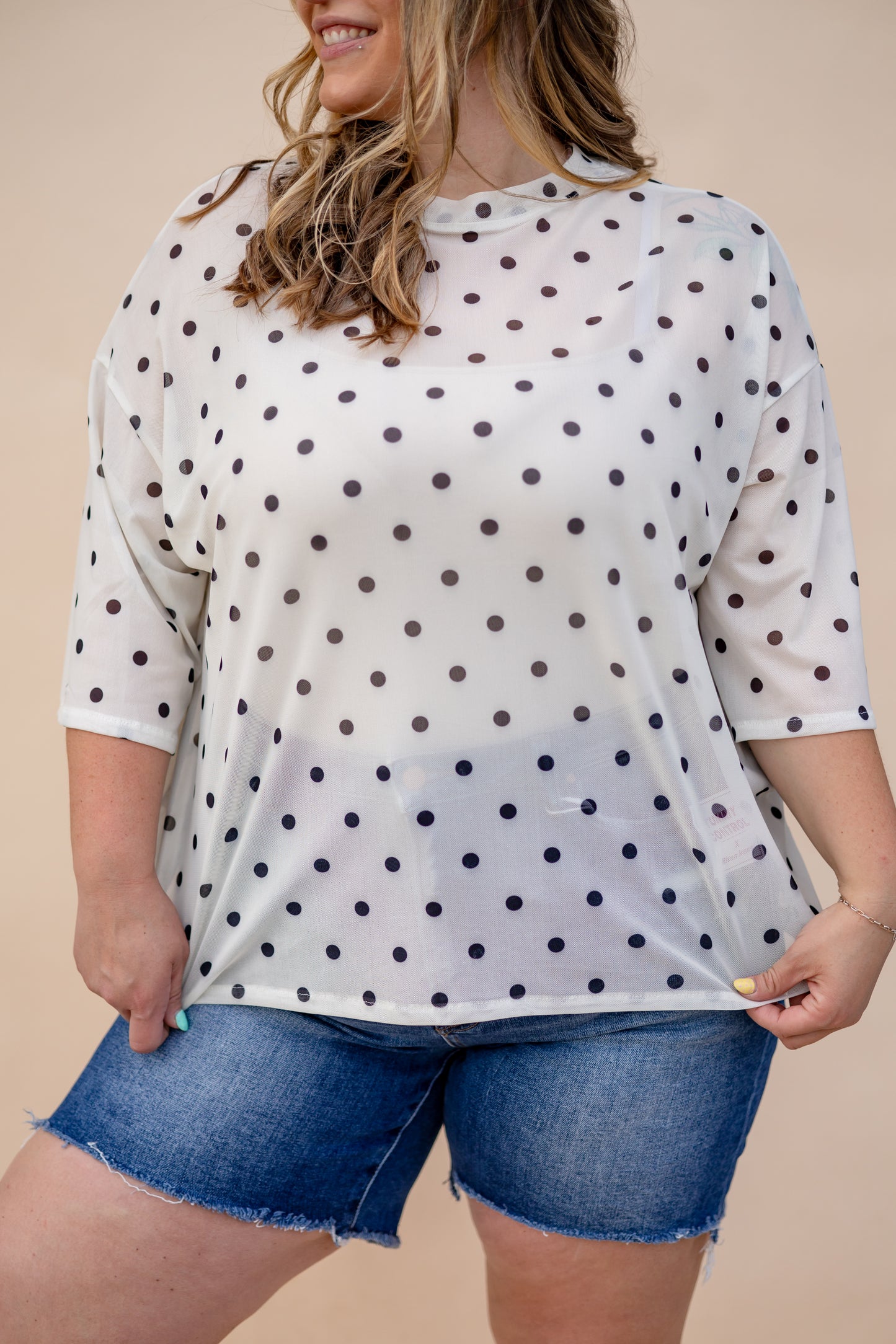 Short Sleeve Mesh Polka Dot Top