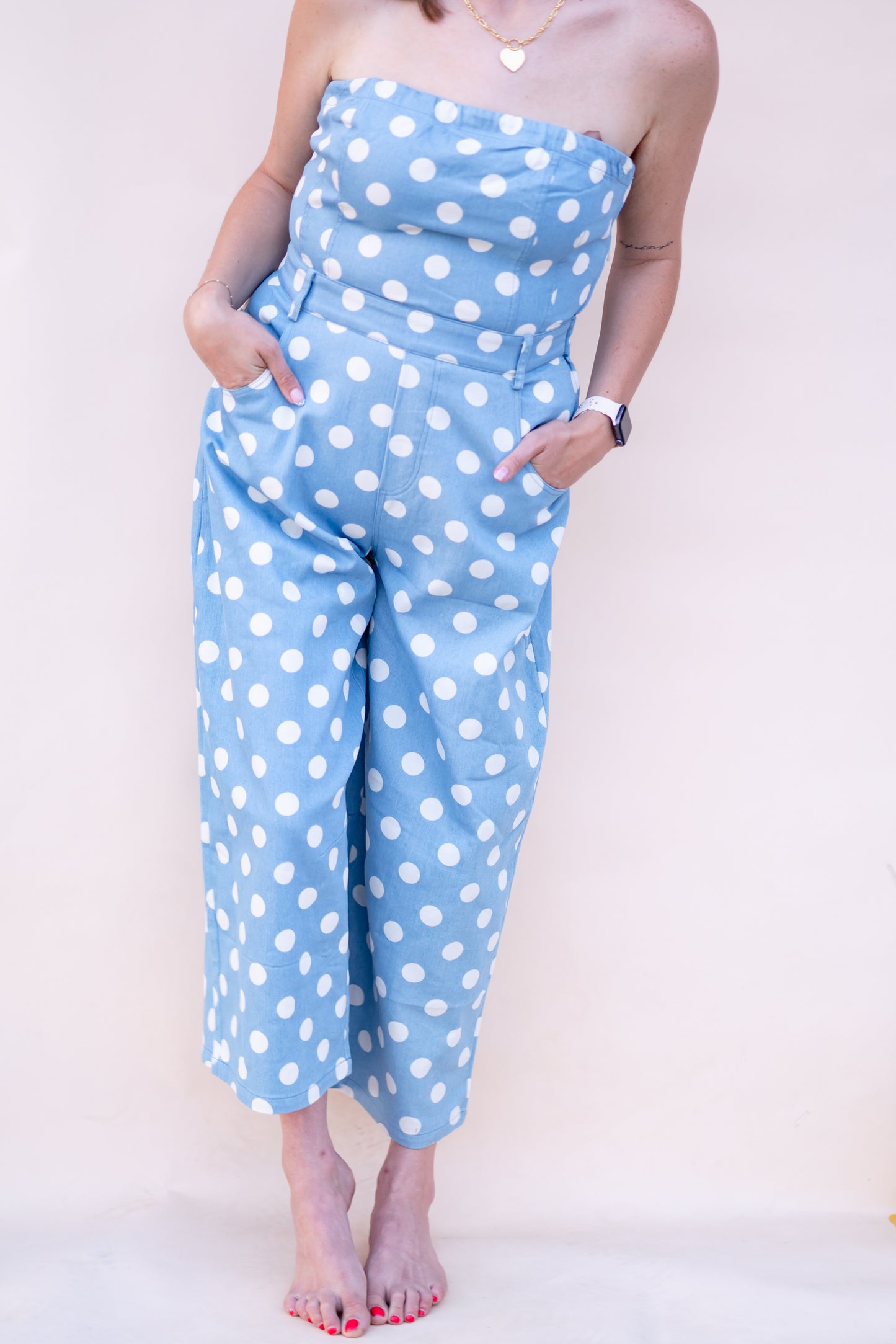 Retro Denim Polka Dot Jumpsuit