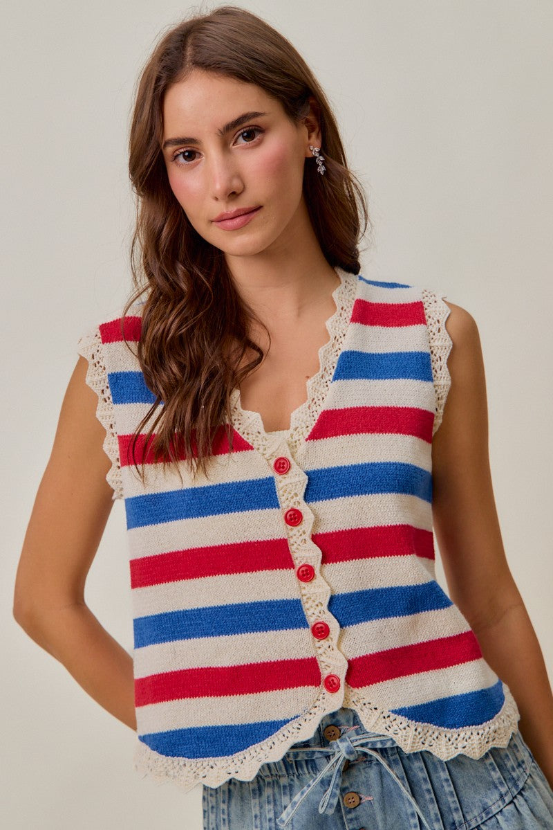 Fourth Of July Striped Button Down Vest Top
