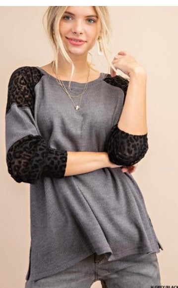 Grey Thermal With Black Leopard Sleeves